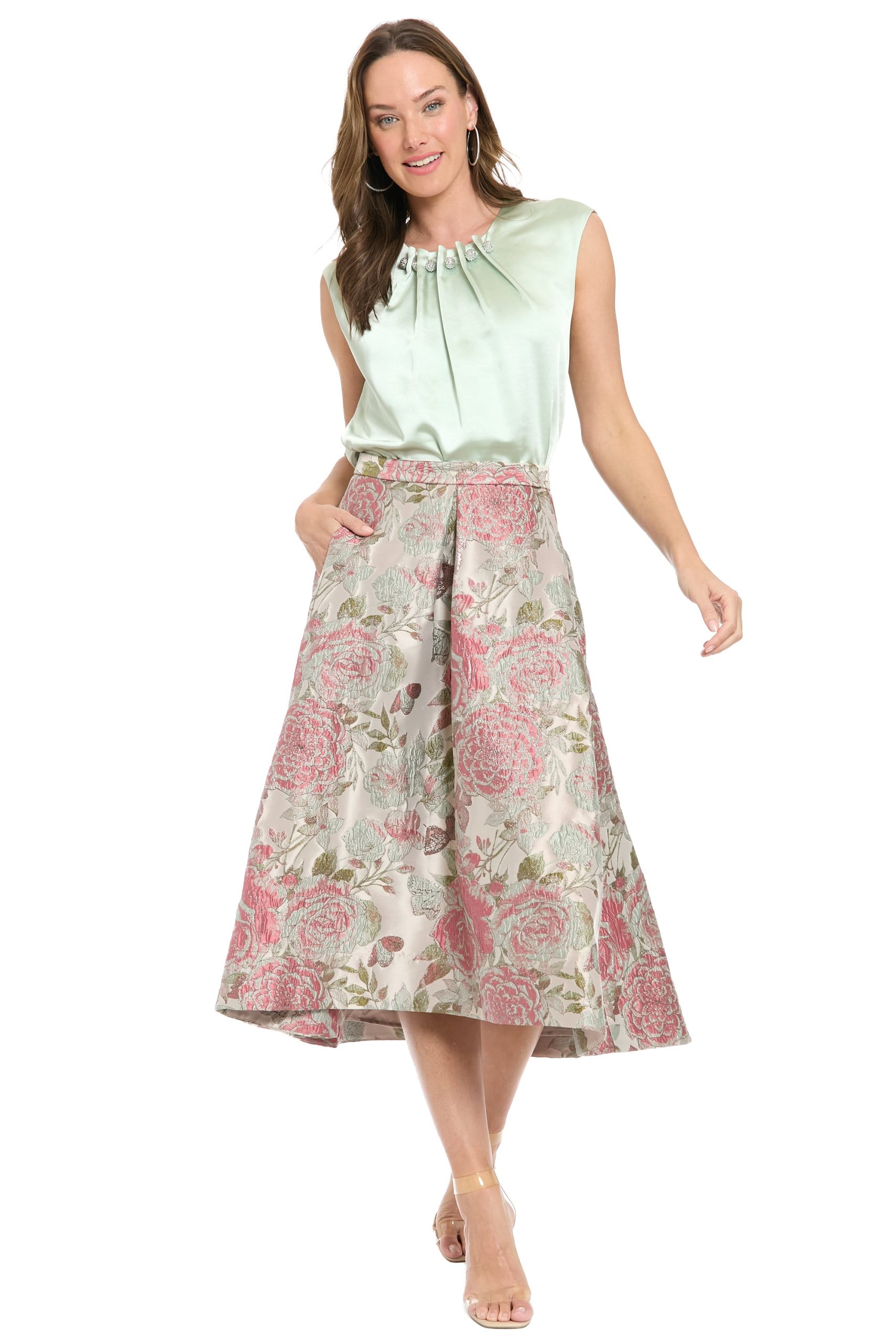 Gramercy Pleated Skirt in Vintage Rose Jacquard - Image 2